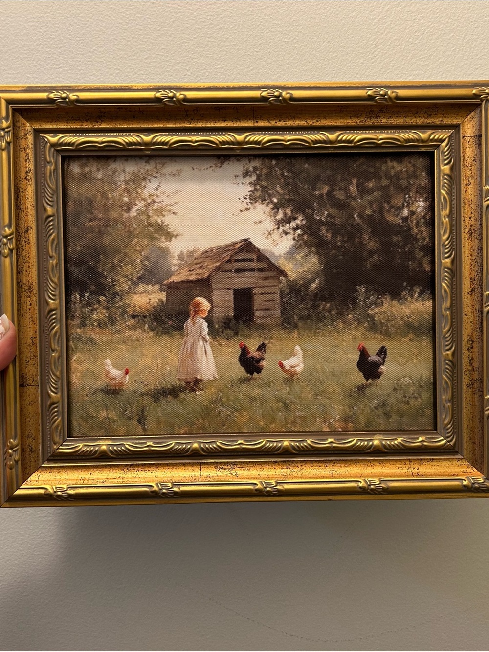 Vintage-Style Girl with Chickens Framed Art Print in Gold